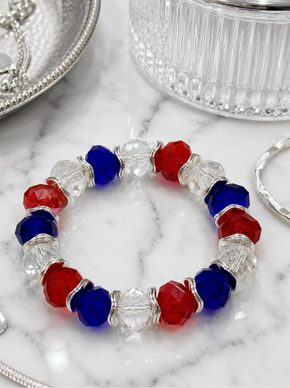 Patriotic Hydro Quartz Crystal and Sterling Silver Beaded Bracelet 6 3/4” - Picture 1 of 2